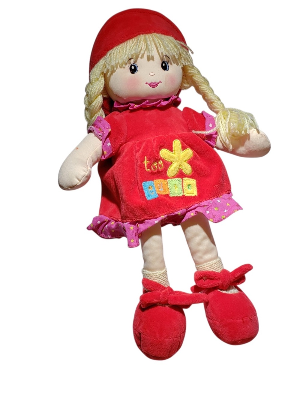 Linzy Too Cute Plush Red Girl Doll with Blonde Braids - Soft Cuddly Toy